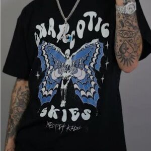 Black Graphic Tee with Blue Butterfly Design